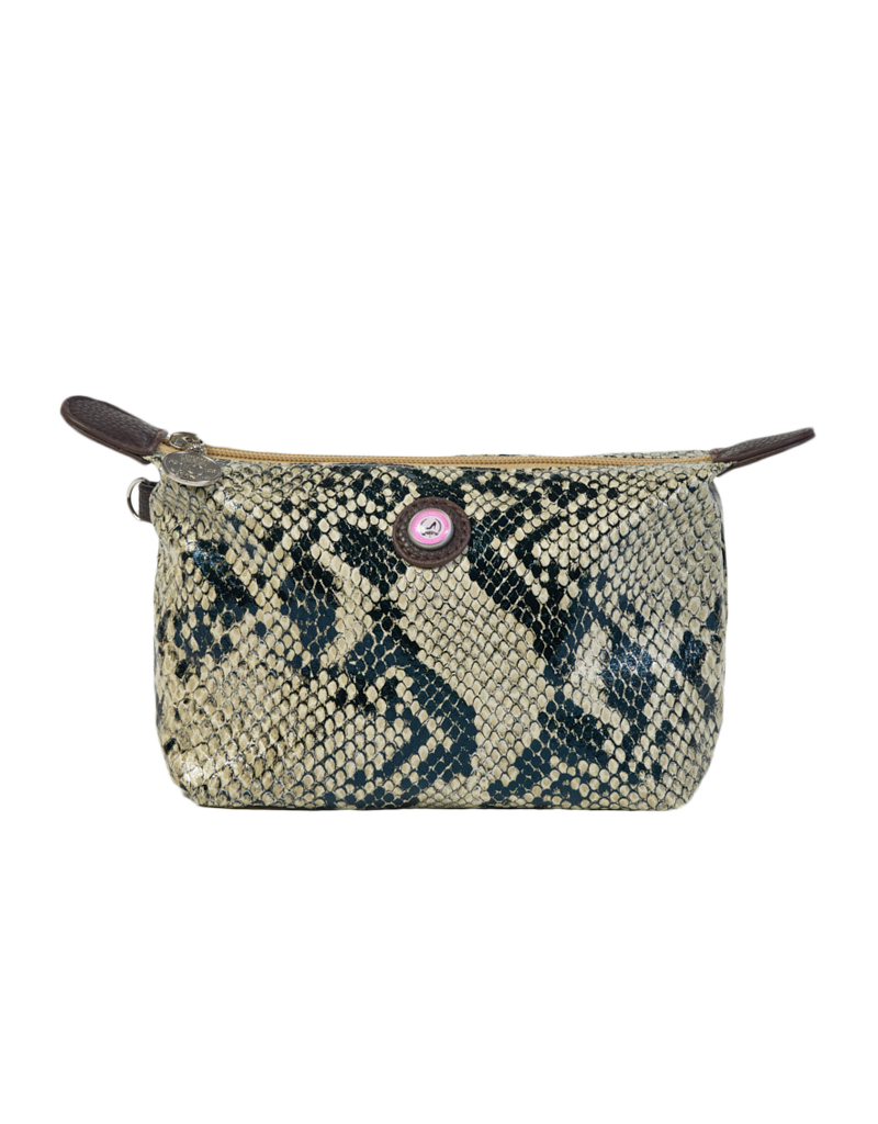 Kleine make-uptas met ritssluiting en pythonprint, van kunstleer, in grijze en beige tinten, compacte make-uptas.