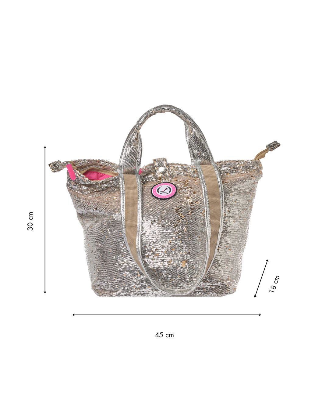 The Small tote bag silver & gold sequin MALLORCA features beige handles, a pink logo patch, and pink lining. Measuring 30 cm tall, 18 cm deep, and 45 cm wide, it's perfect as a stylish work bag against a white background.