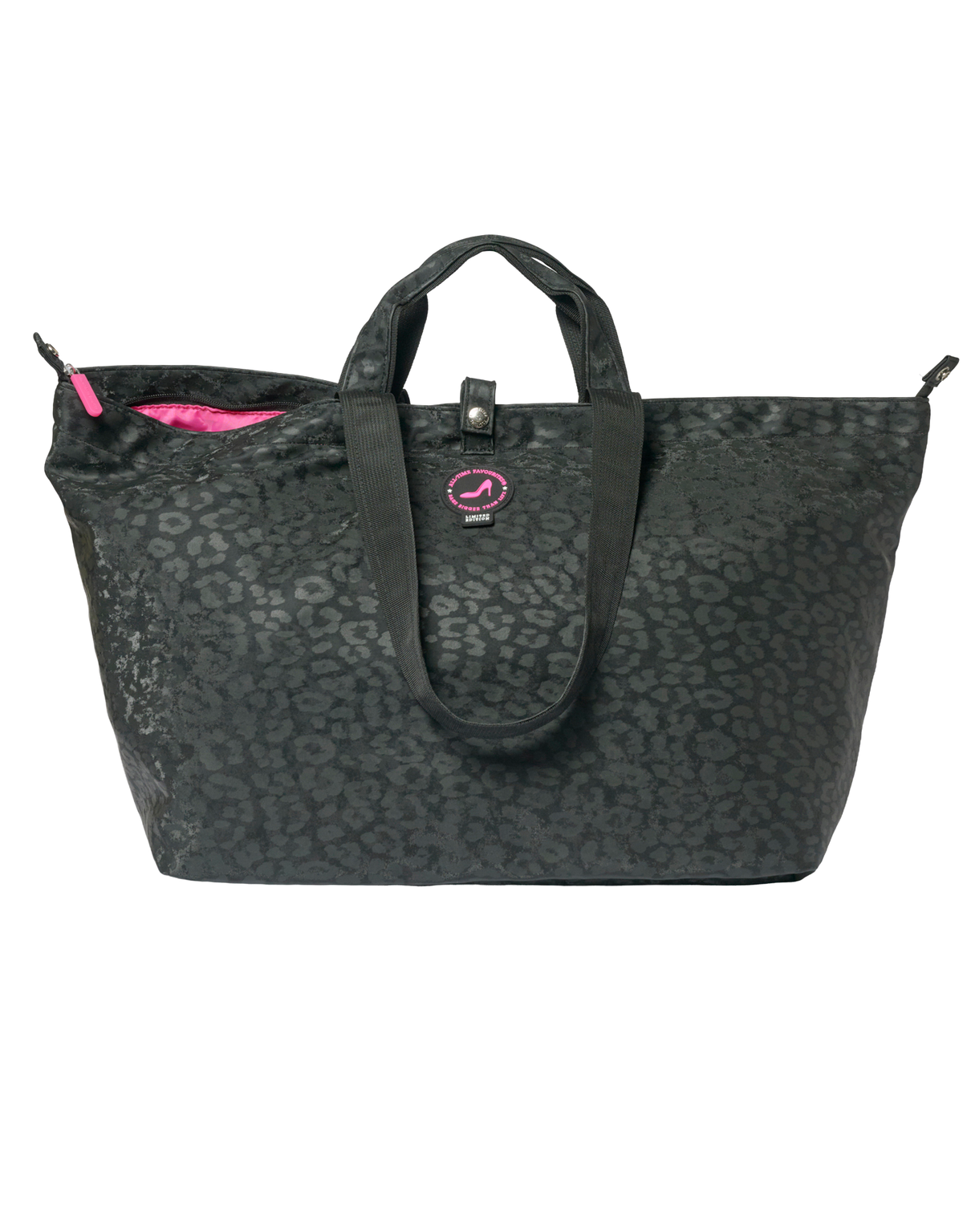 Middelgrote zwarte tas met luipaardprint, korte hengsels, ritssluiting aan de bovenkant, klein roze logo, DUSSELDORF-ontwerp.