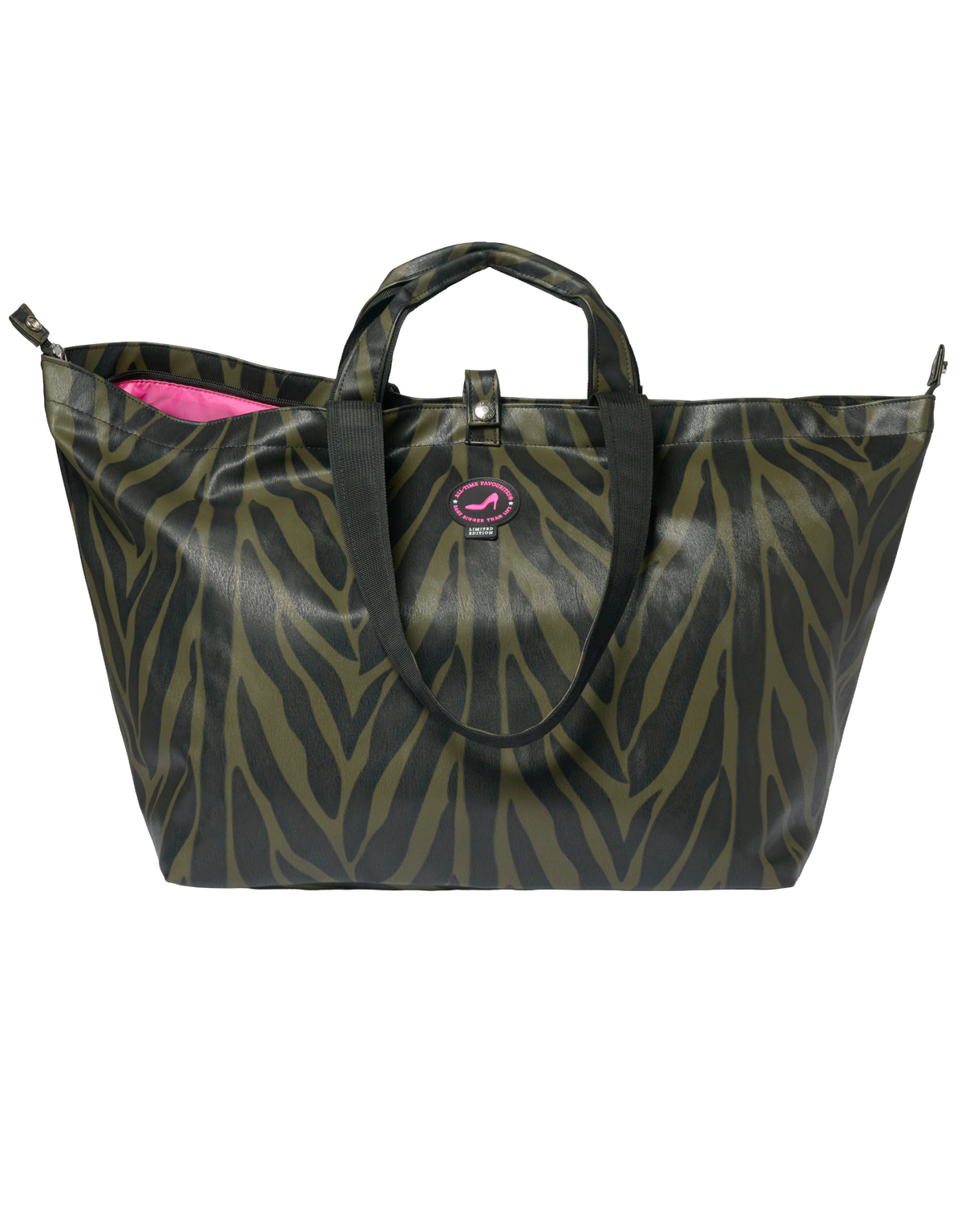 Middelgrote draagtas met zebraprint, zwarte hengsels en roze voering, geschikt voor het meenemen van toiletartikelen of kleine benodigdheden.