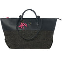 Black resort tote bag in black vegan leather and black raffia with gold thread