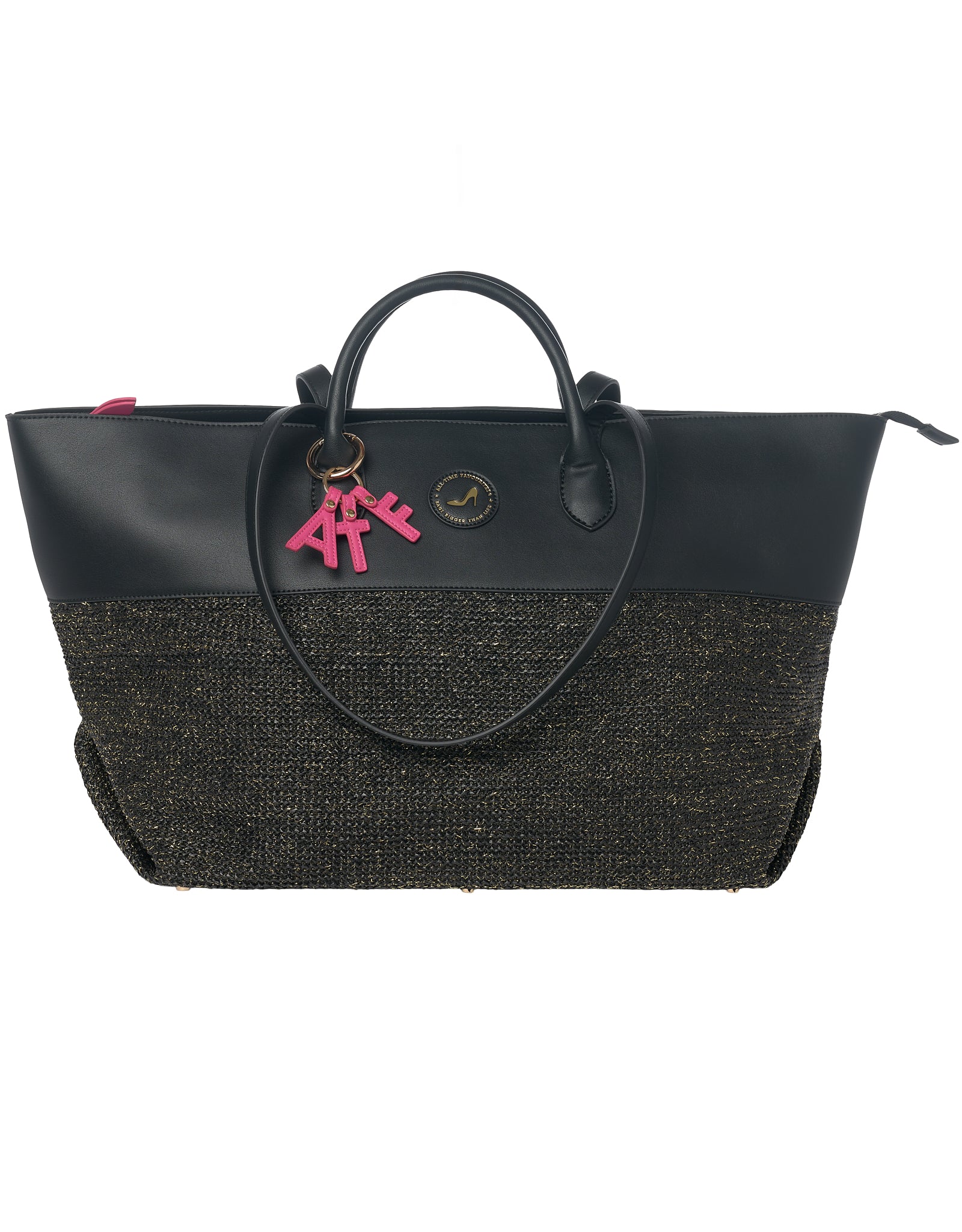 Black resort tote bag in black vegan leather and black raffia with gold thread