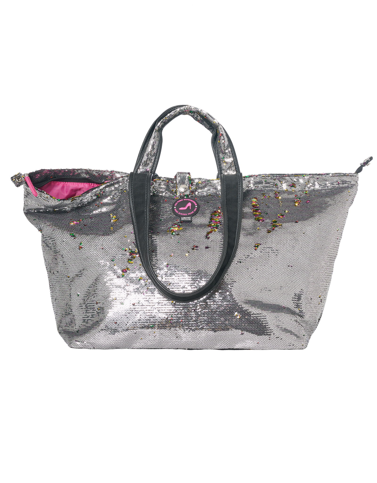 Kleine shopper met rits, pailletten grijs met regenboogkleuren