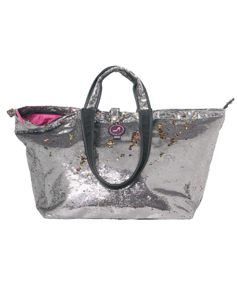 Kleine shopper met rits, pailletten grijs met regenboogkleuren