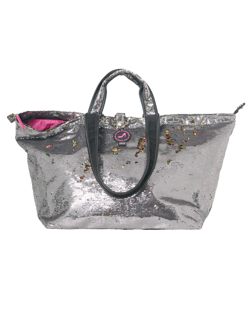 Kleine shopper met rits, pailletten grijs met regenboogkleuren