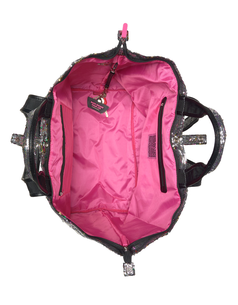 Binnenkant van ATF shopper met rits, roze voering en binnenvak, pailletten grijs met regenboogkleuren