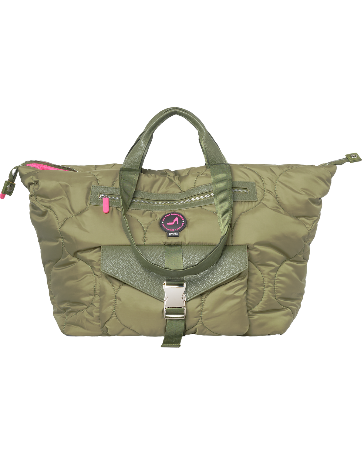 DIANA medium green puffy tote bag with short handles, front pocket, buckle, zipper closure, and pink zipper pull.