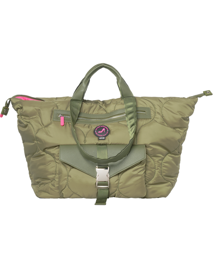 DIANA medium green puffy tote bag with short handles, front pocket, buckle, zipper closure, and pink zipper pull.