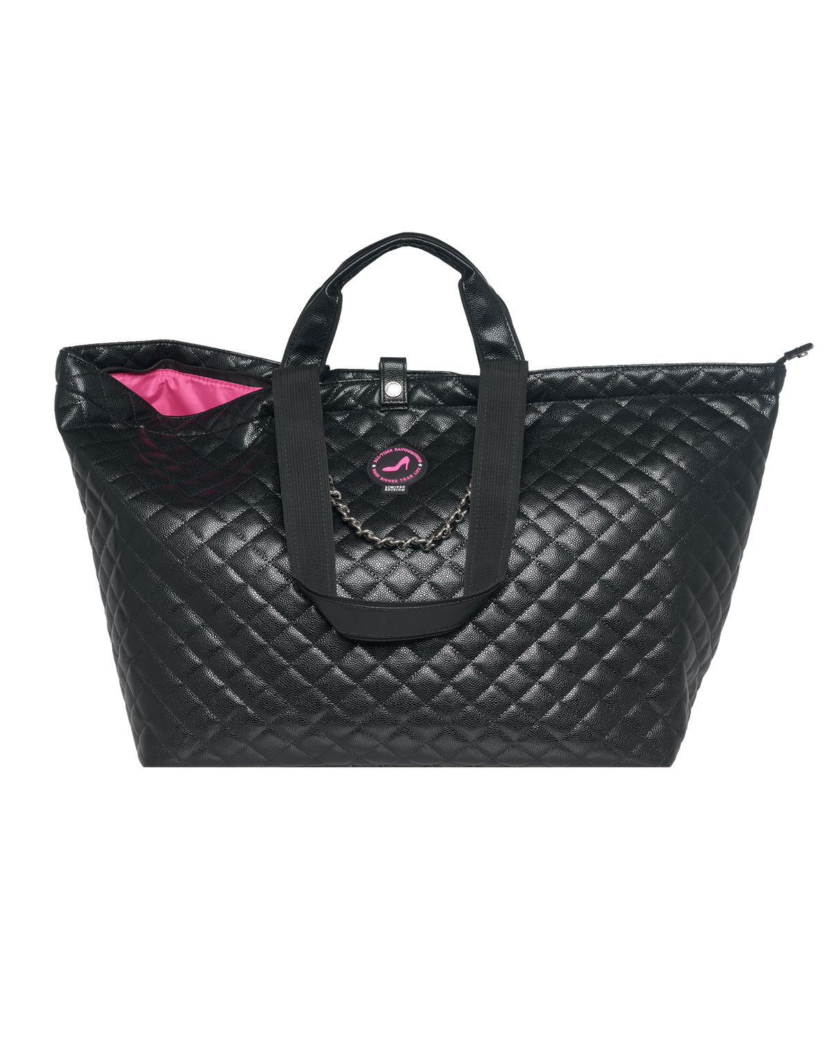 Medium black caviar leather tote bag with chain detail, short handles, and pink lining by KATE.