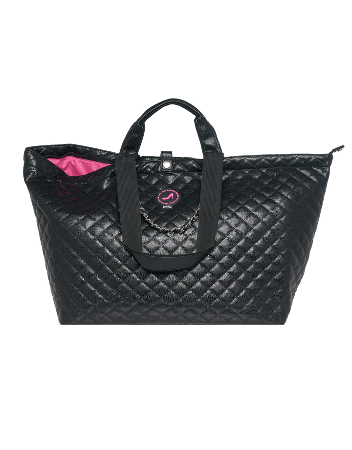 Medium black caviar leather tote bag with chain detail, short handles, and pink lining by KATE.