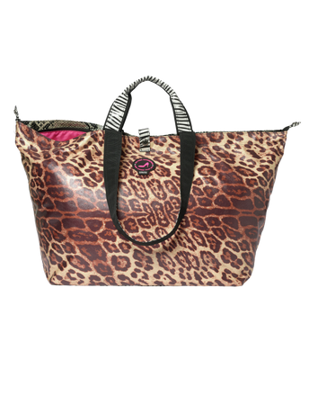 A leopard print tote bag with black and white zebra-print handles and a small pink logo patch on the front, shown against a plain white background.