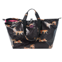 Kleine shopper met rits, zwart organic cotton met tijgerprint en zwarte hengsels
