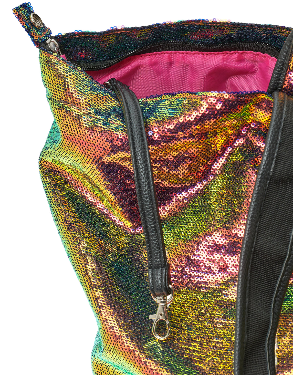 Medium tote bag with multicolour sequins, black zip closure, pink lining, and metal clasp strap.