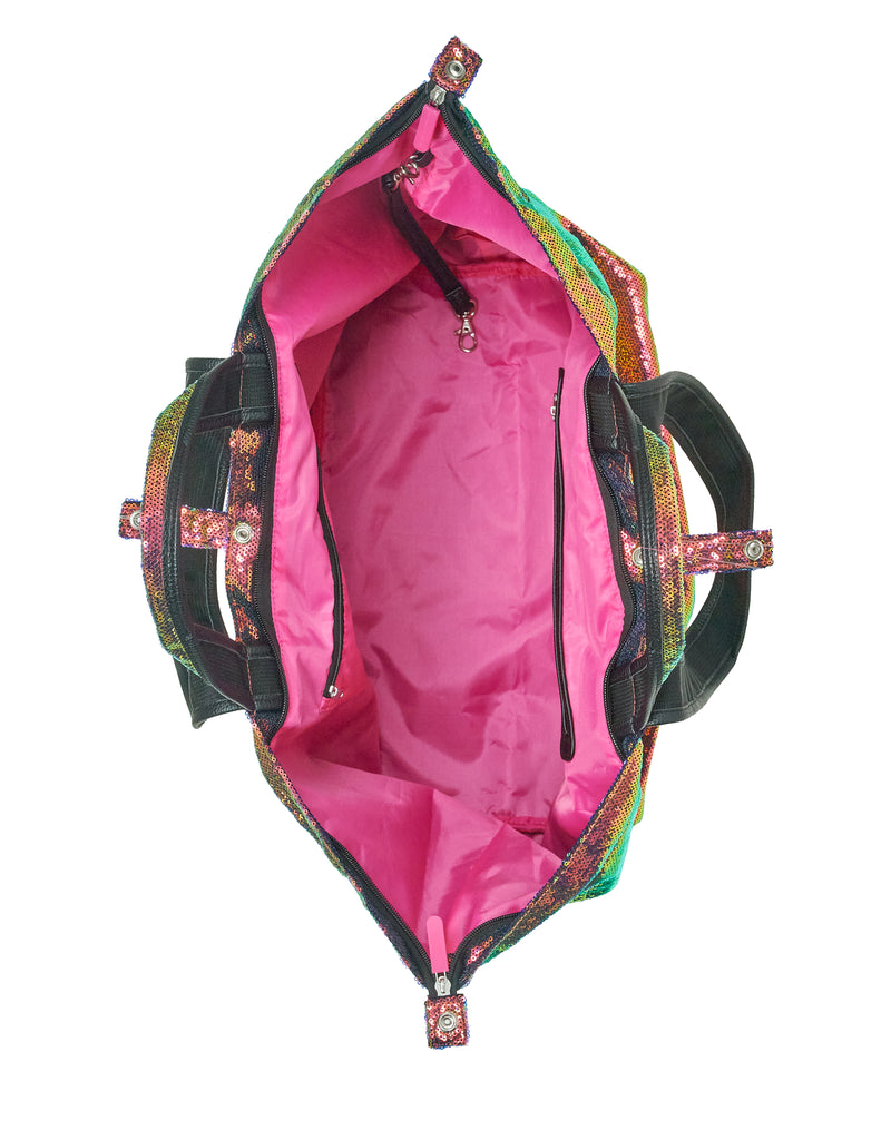Multicolored bag with pink interior on a white background