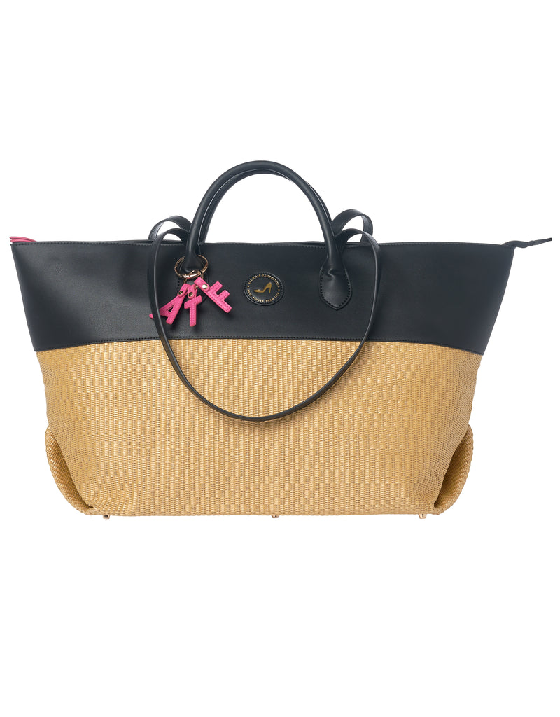 Black and straw resort tote bag in vegan leather with zipper and pink ATF letter keychain