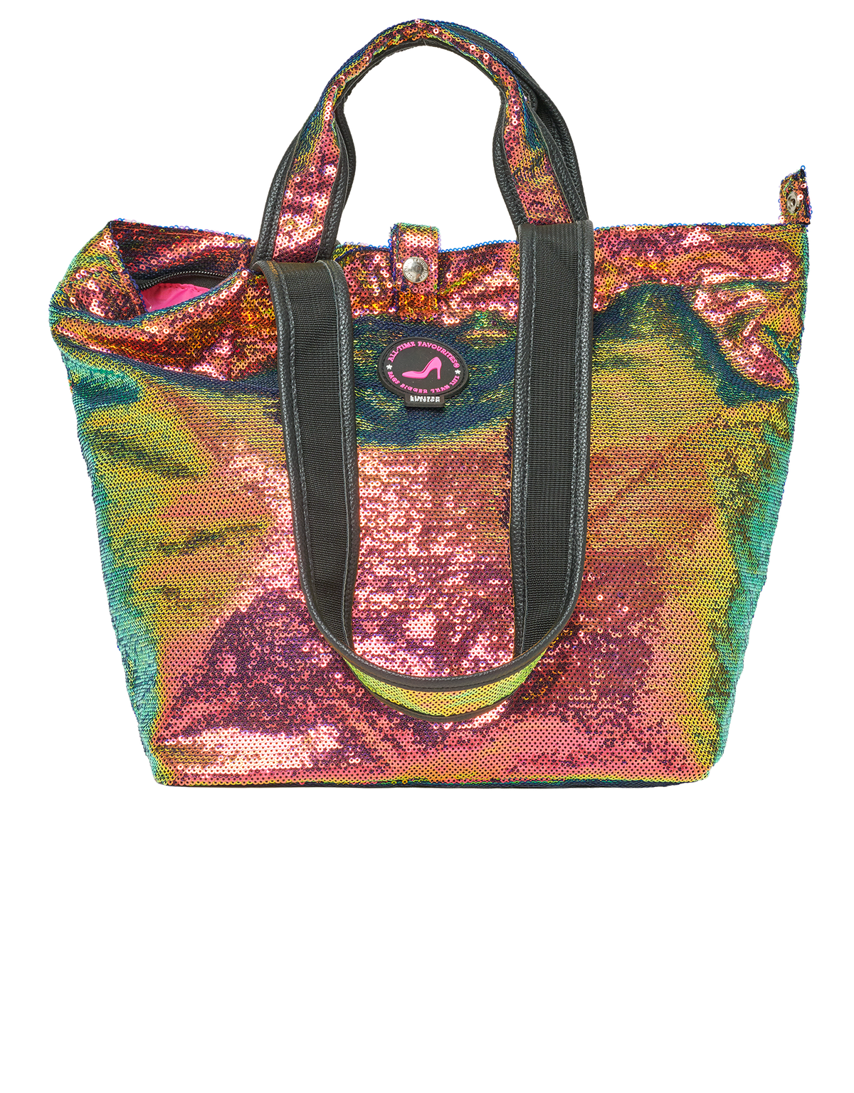 Small multicolour sequin tote bag with black handles and logo patch, laptop compatible, IBIZA collection.