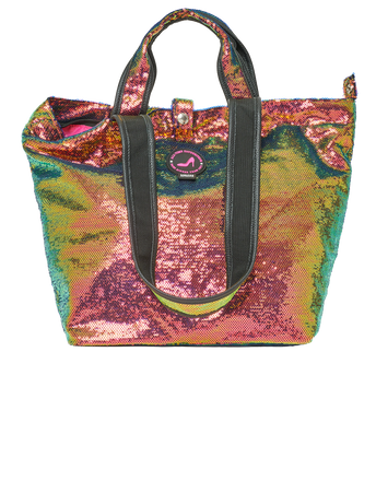 Multicolored sequin handbag with a visible brand logo on a white background