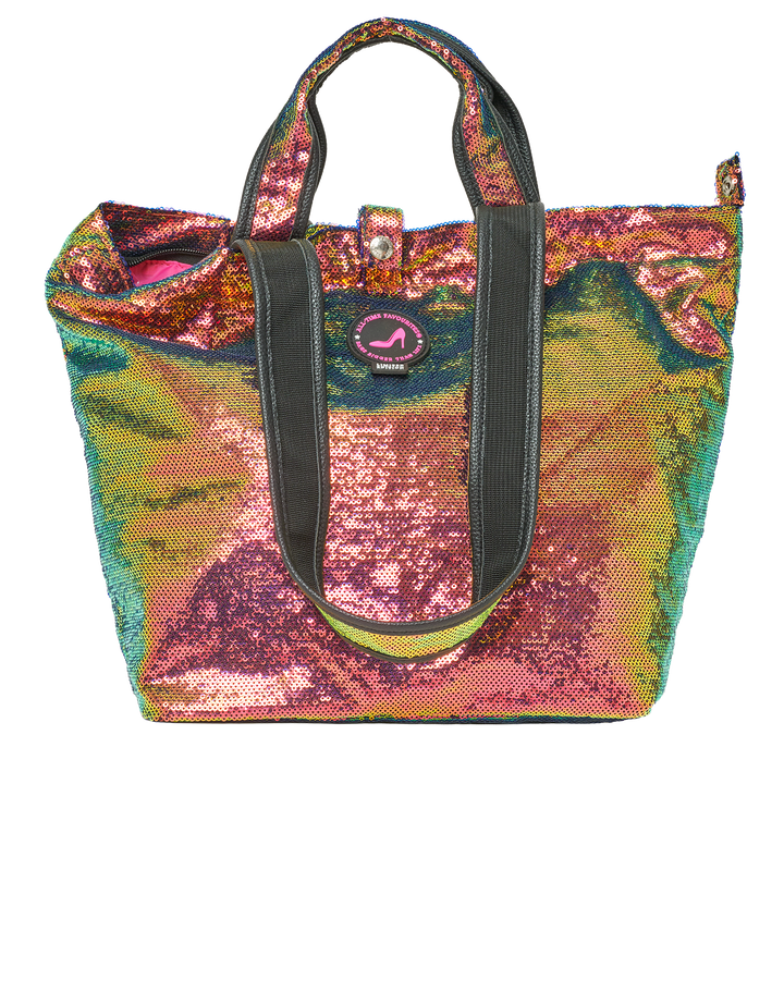 Kleine, veelkleurige tas met pailletten, zwarte hengsels en een logopatch, geschikt voor een laptop, uit de IBIZA-collectie.