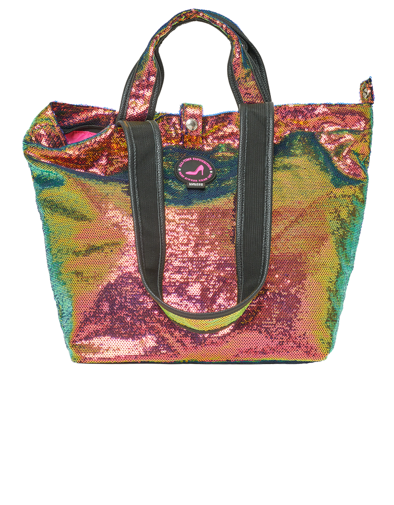 Multicolored sequin handbag with a visible brand logo on a white background