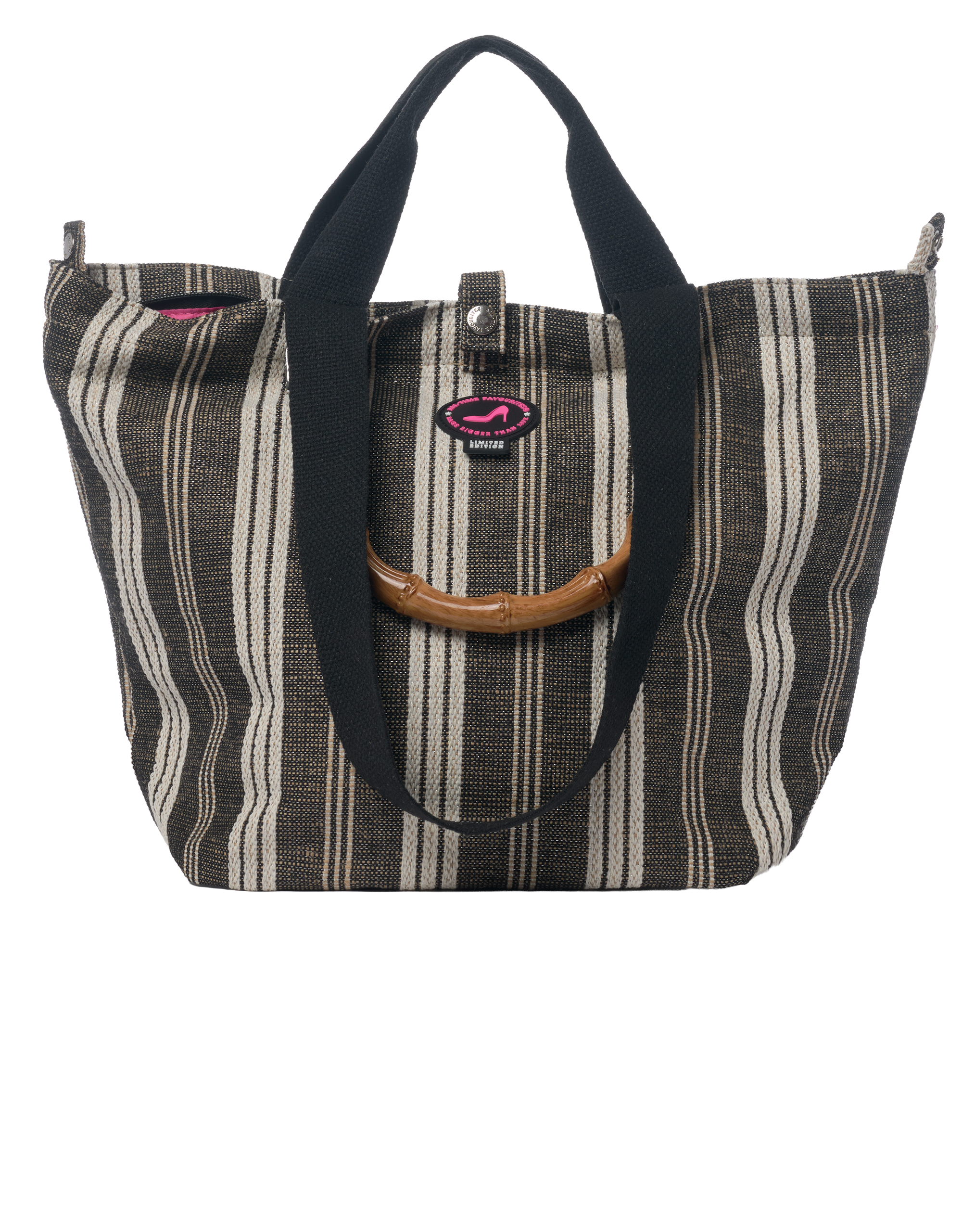 Small Tote Bag Galle in black and white vertical stripe with bamboo handles, black straps and top zipper closure.