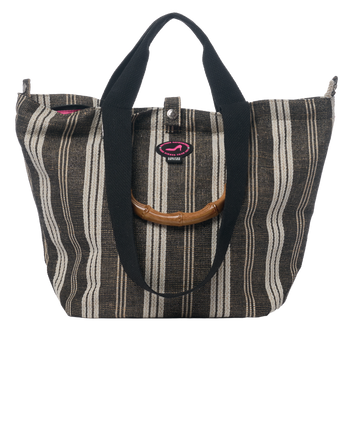 Small Tote Bag Galle in black and white vertical stripe with bamboo handles, black straps and top zipper closure.