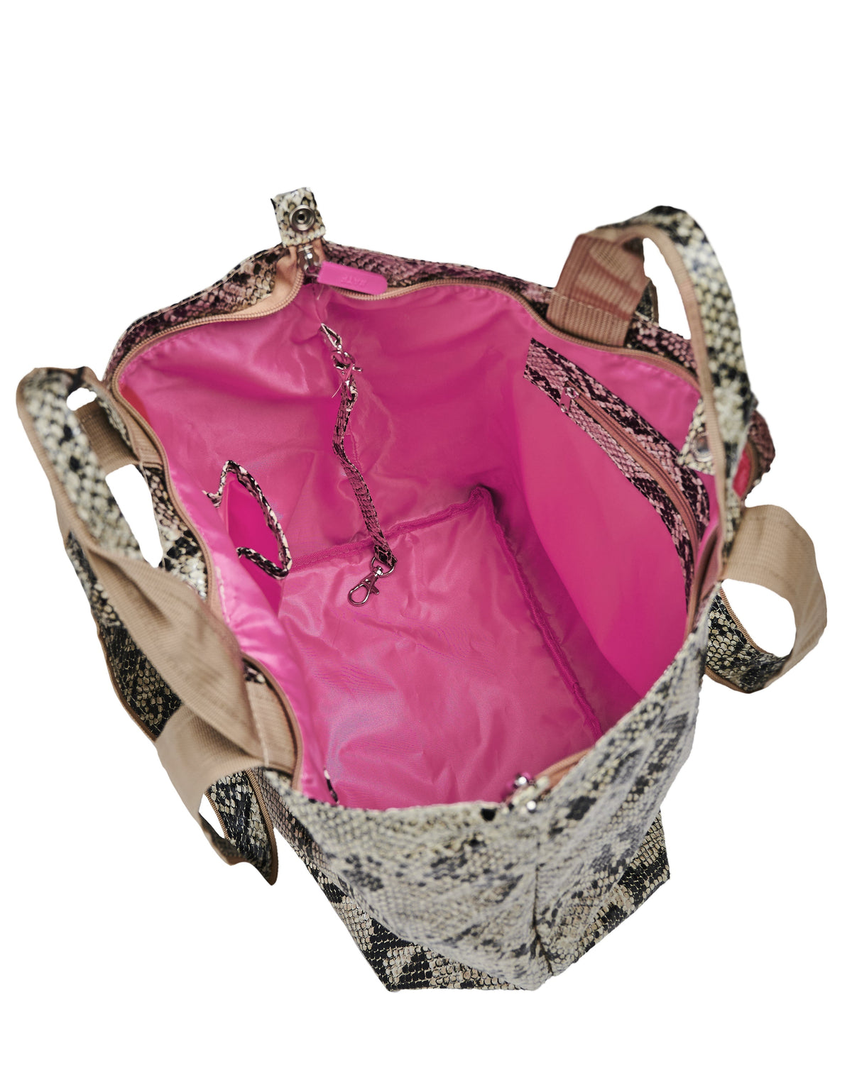 Kleine draagtas met pythonprint, roze voering, een vak met ritssluiting en een metalen sleutelhanger.