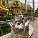 Small gold metallic python print tote bag photographed in front of a traditional Thai temple