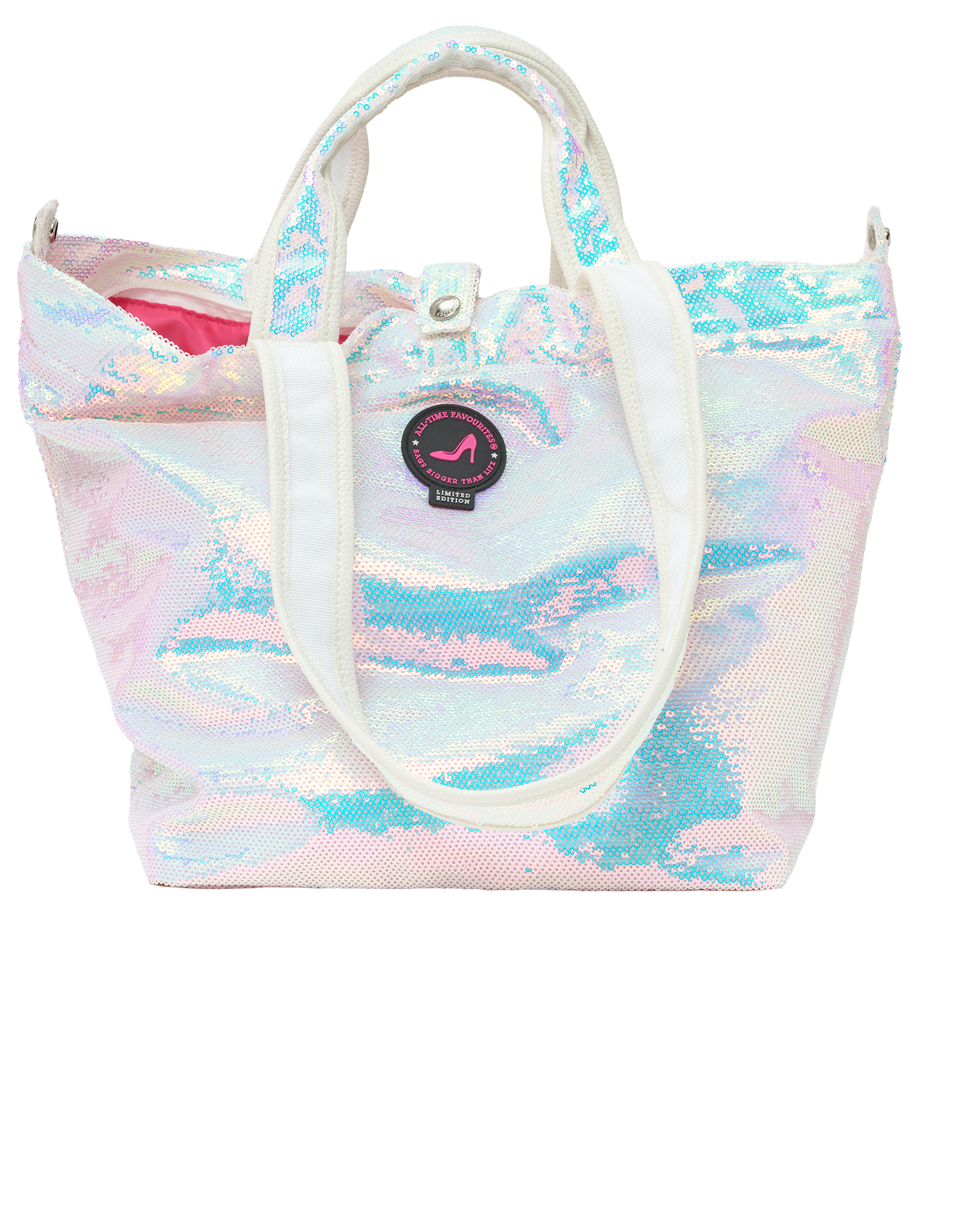 Front view of Dubai mini shopper in white pearl unicorn sequins with white handles