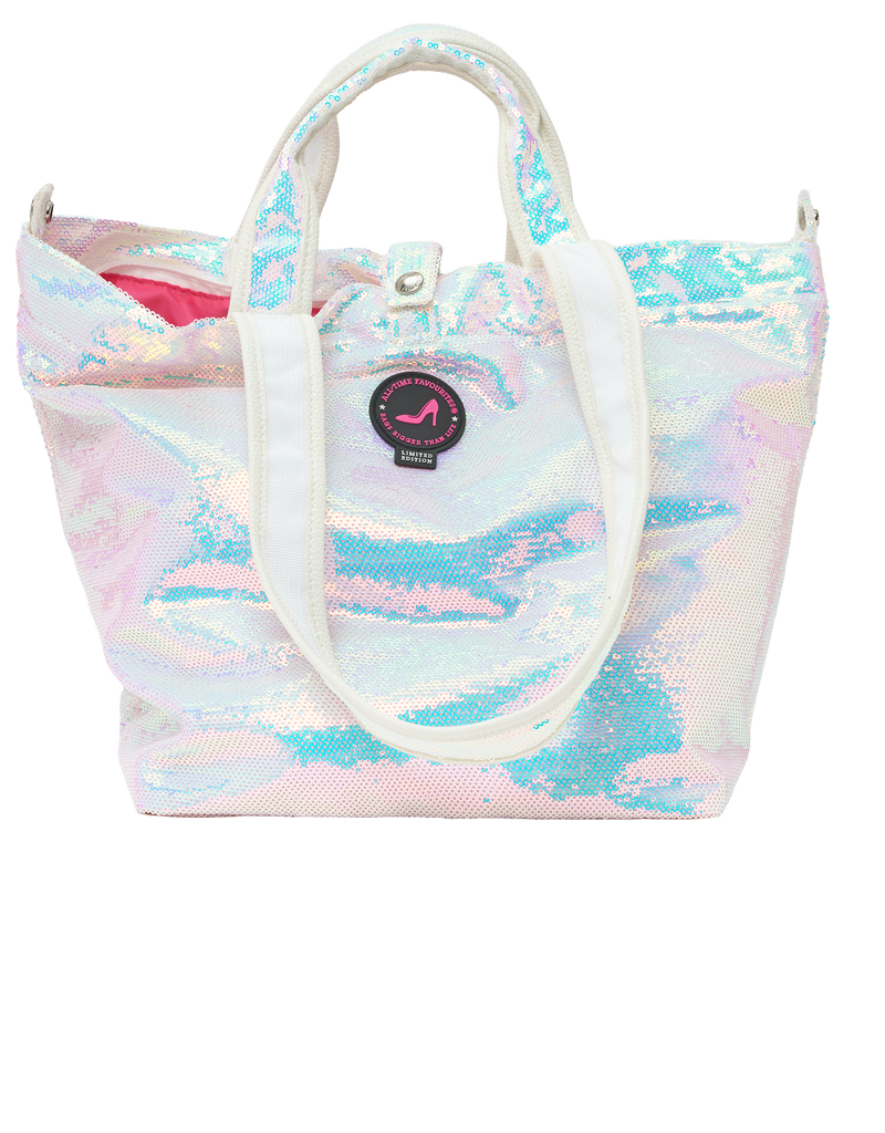 Front view of Dubai mini shopper in white pearl unicorn sequins with white handles