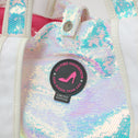 Detail of Dubai mini tote bag with white pearl unicorn sequins, snap closure and All-time Favourites logo