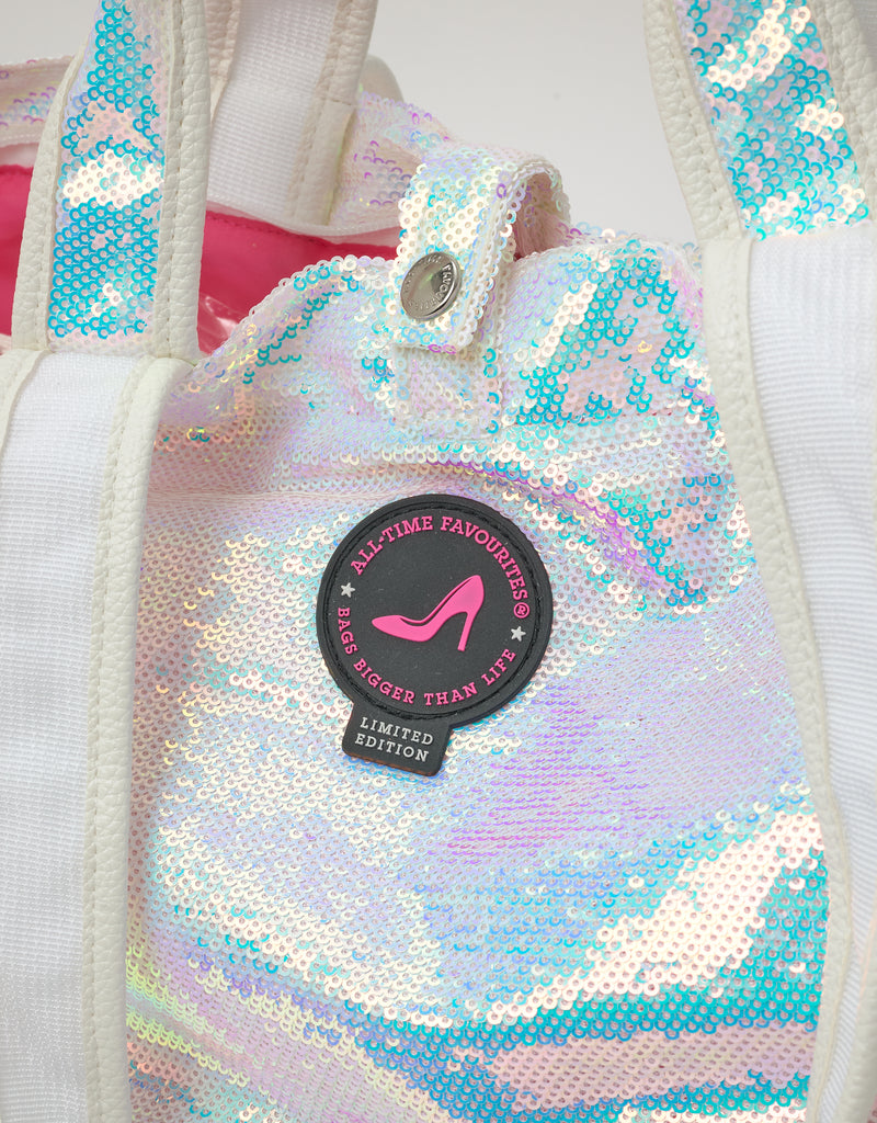 Detail of Dubai mini tote bag with white pearl unicorn sequins, snap closure and All-time Favourites logo