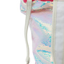 Side detail of Dubai mini shopper in white pearl unicorn sequins with removable strap and clip