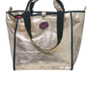 Front view of Jaipur Small Tote Bag with zipper in champagne gold coated cotton and black handles