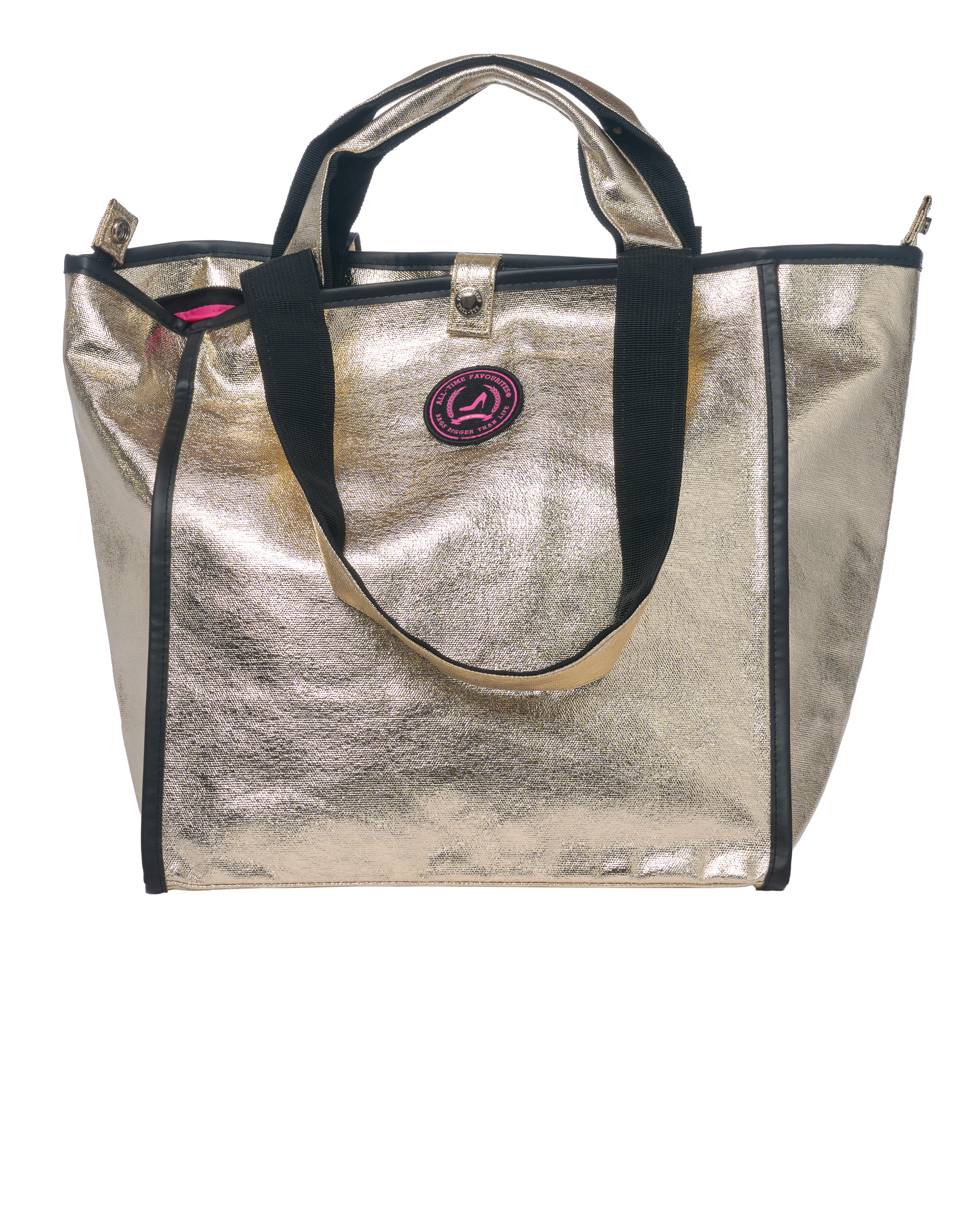 Front view of Jaipur Small Tote Bag with zipper in champagne gold coated cotton and black handles