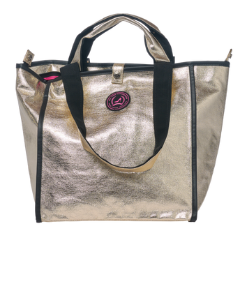 Front view of Jaipur Small Tote Bag with zipper in champagne gold coated cotton and black handles