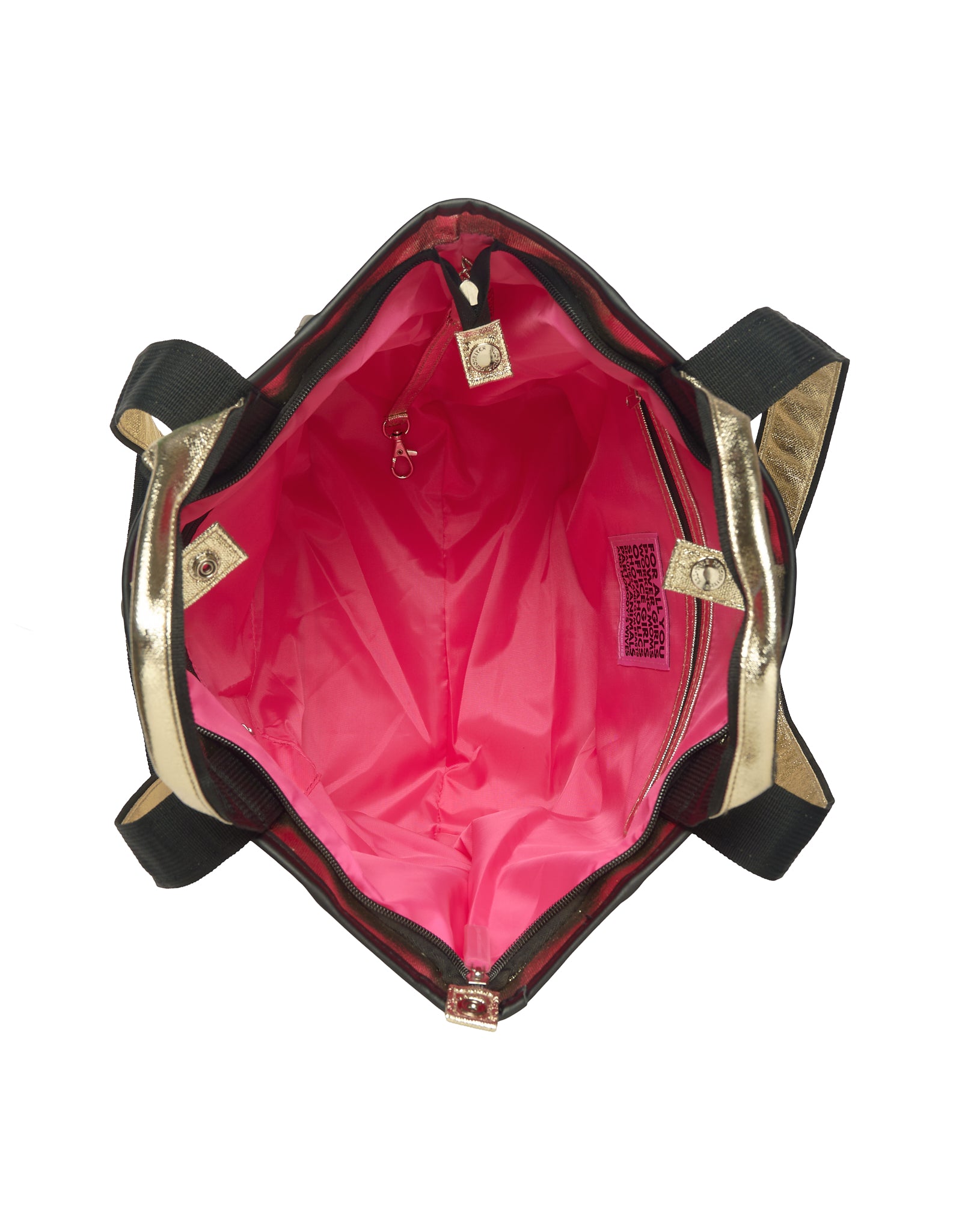 Open golden handbag with pink interior on a white background