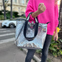 Mini Shopper mit Reißverschluss, Pailletten Grau mit Regenbogenfarben