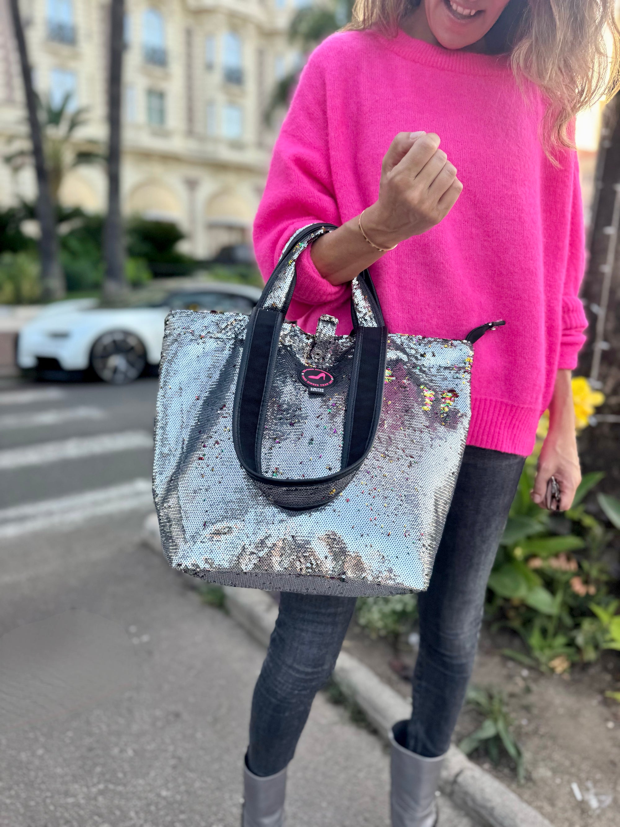 Mini Shopper mit Reißverschluss, Pailletten Grau mit Regenbogenfarben