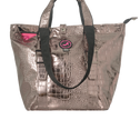 Metallic tote bag with a pink logo on a white background