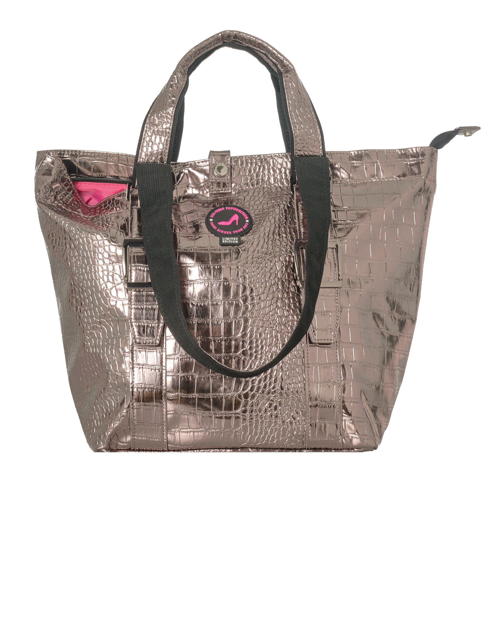 Metallic tote bag with a pink logo on a white background