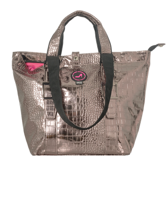 Metallic tote bag with a pink logo on a white background