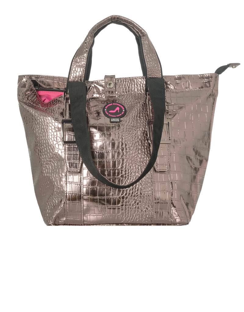 Metallic tote bag with a pink logo on a white background