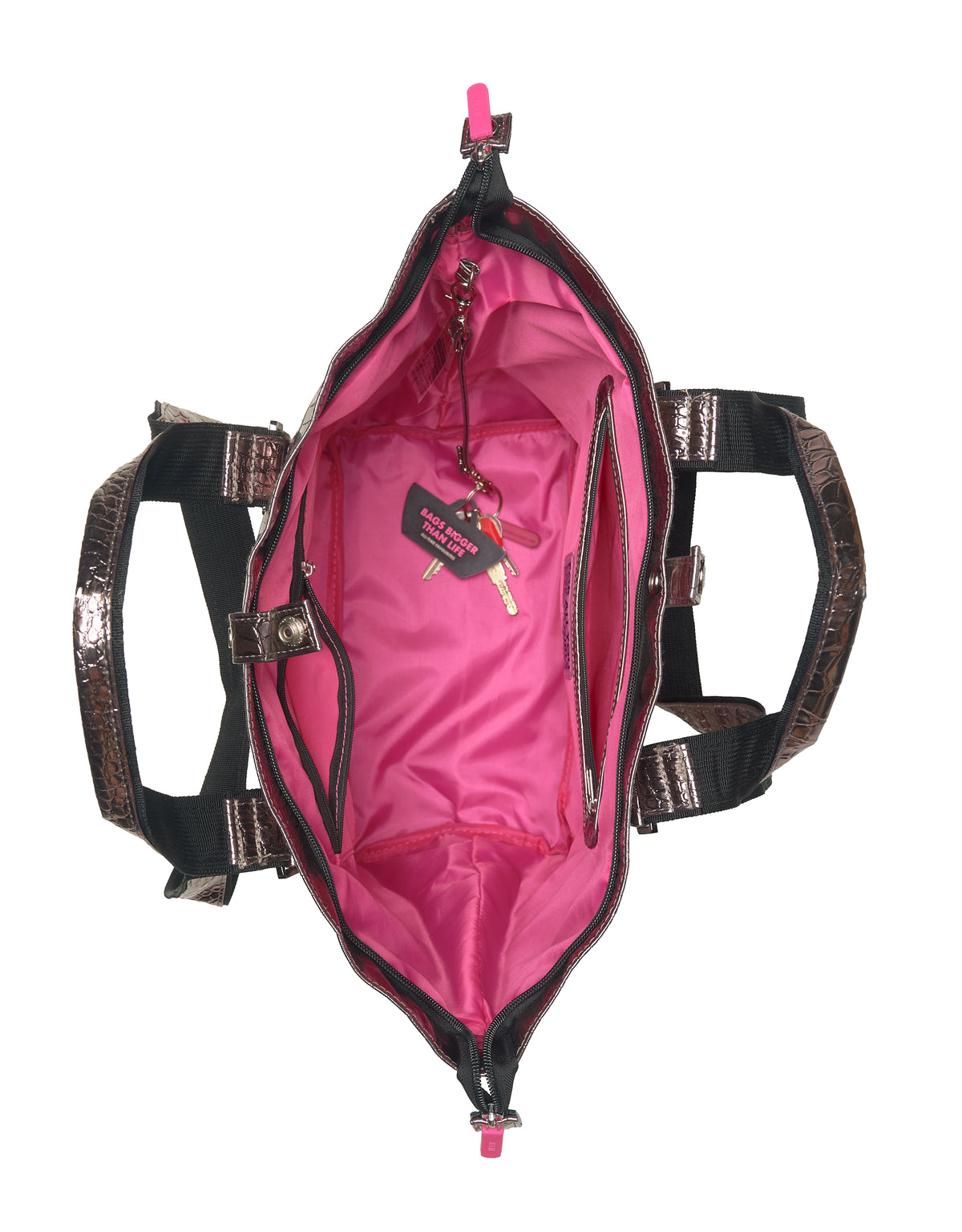 Kleine BRIGITTE-Tragetasche in Bronze-Metallic mit rosa Futter, Schlüsselanhänger und sichtbaren Fächern oben.