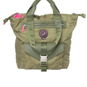 Green puffer bag with a visible brand logo and a kangaroo pocket without background
