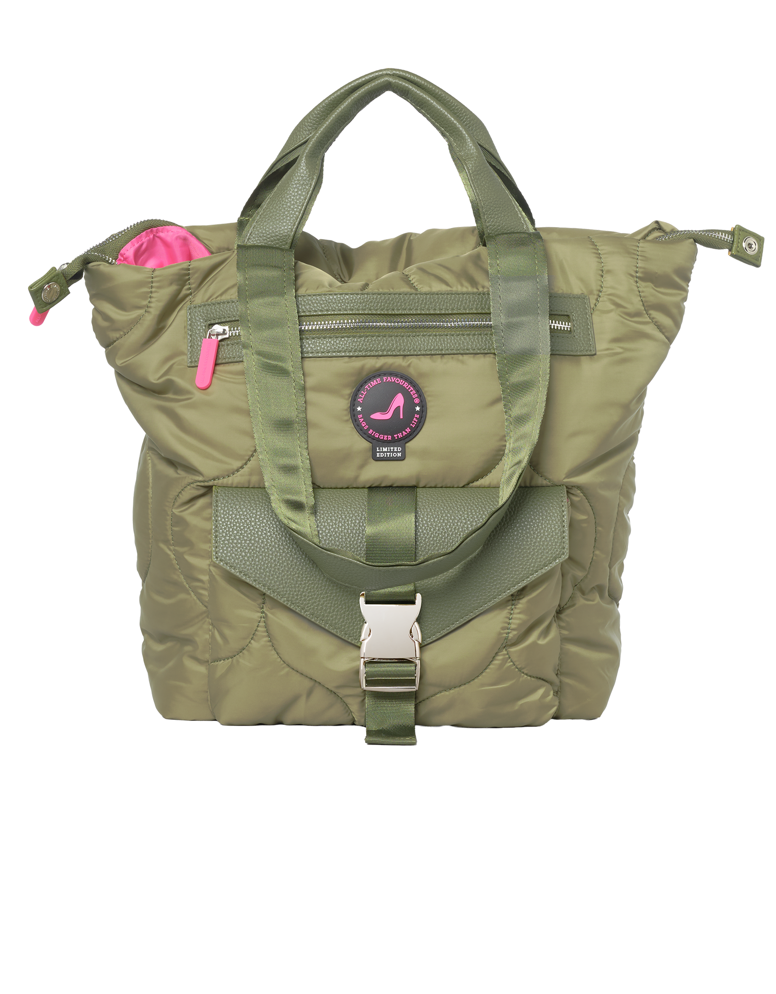 Green puffer bag with a visible brand logo and a kangaroo pocket without background