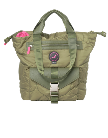 Green puffer bag with a visible brand logo and a kangaroo pocket without background