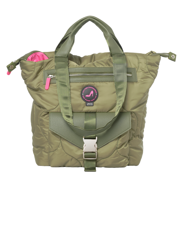 Green nylon small tote bag with puffy texture, short handles, buckle front pocket, and pink zipper accents.