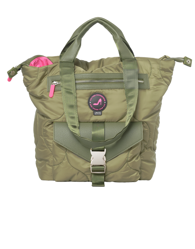Green puffer bag with a visible brand logo and a kangaroo pocket without background