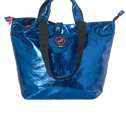 Mini shopper met rits, PU metallic blauw en zwarte hengsels