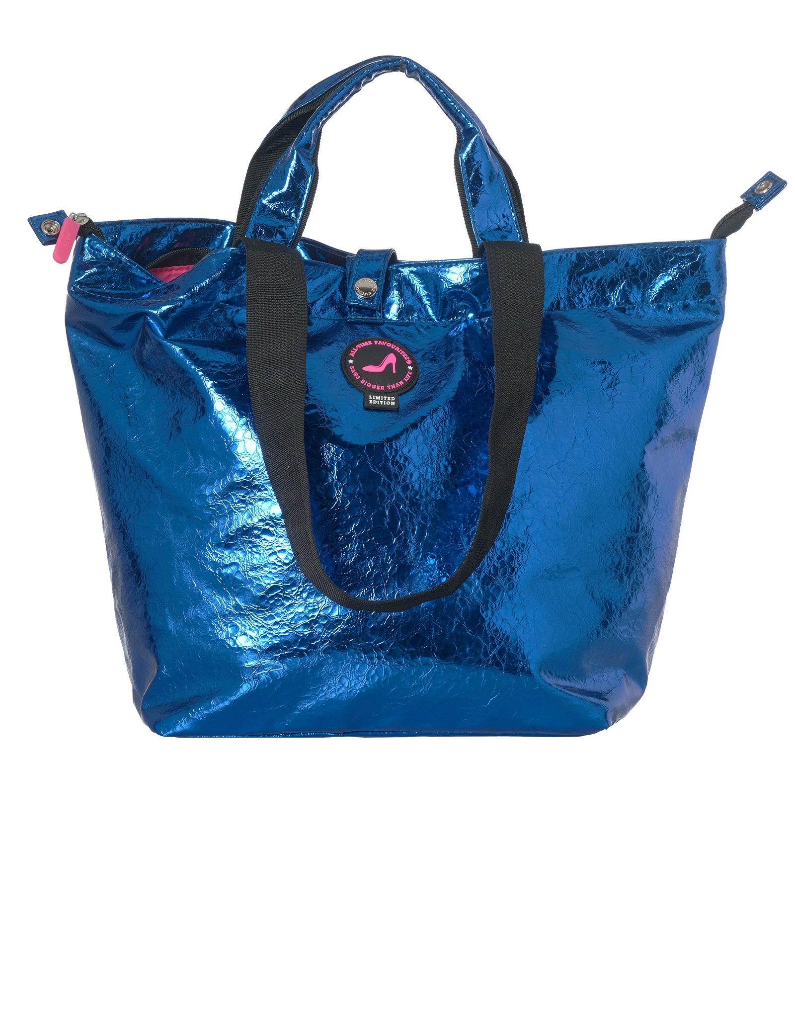 Mini shopper met rits, PU metallic blauw en zwarte hengsels